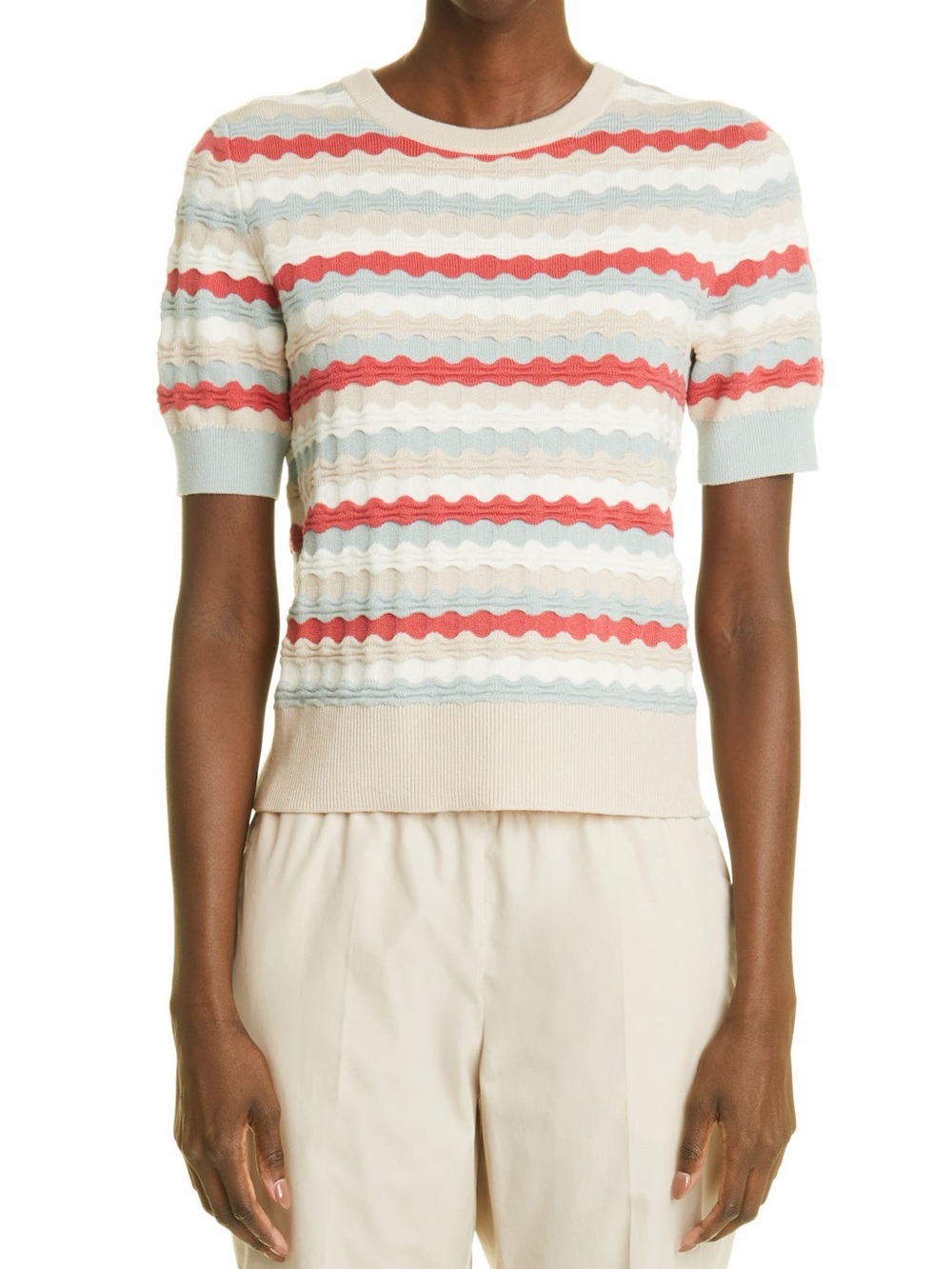 Scallop Stripe Short Sleeve Wool Sweater - Akris Punto